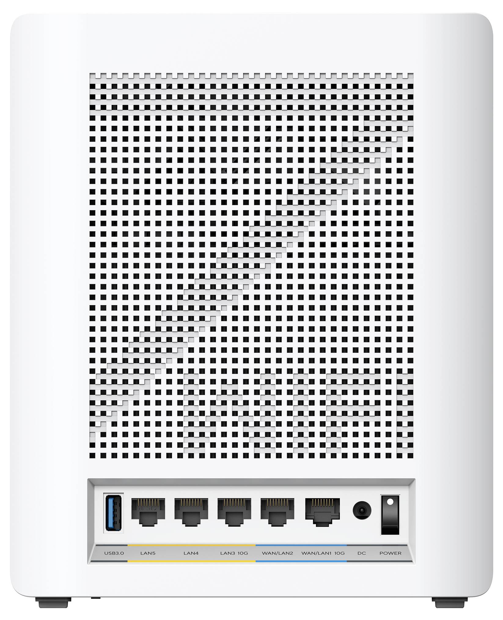 Egy fehér hálózati router hátulról, szellőzőráccsal, öt Ethernet-csatlakozóval, USB-csatlakozóval és tápegység-csatlakozóval.