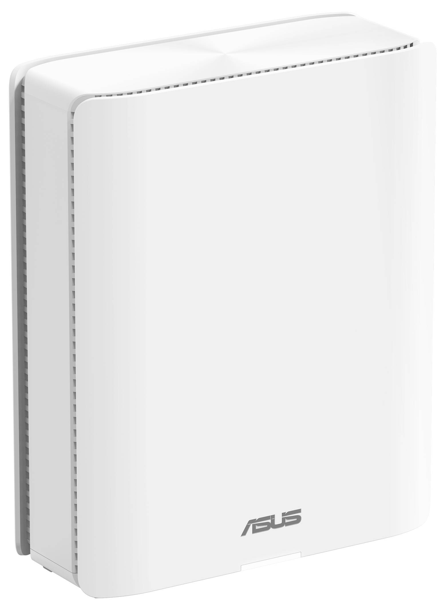 Egy fehér, téglalap alakú, lekerekített sarkú Asus WiFi router, álló helyzetben.