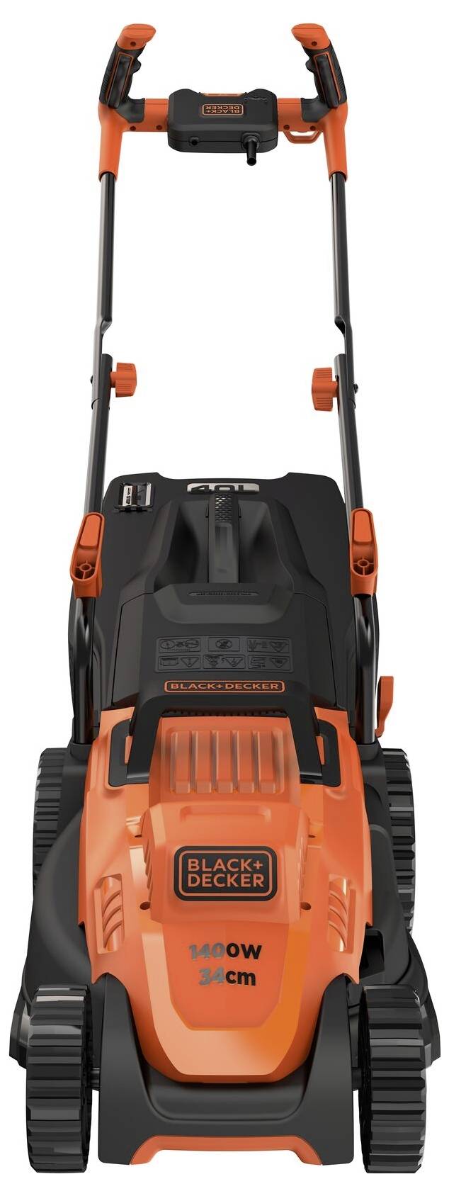 A BLACK+DECKER fűnyíró, 1800W teljesítménnyel és 34 cm-es vágási szélességgel, narancssárga-fekete színben, elölnézetből látható.