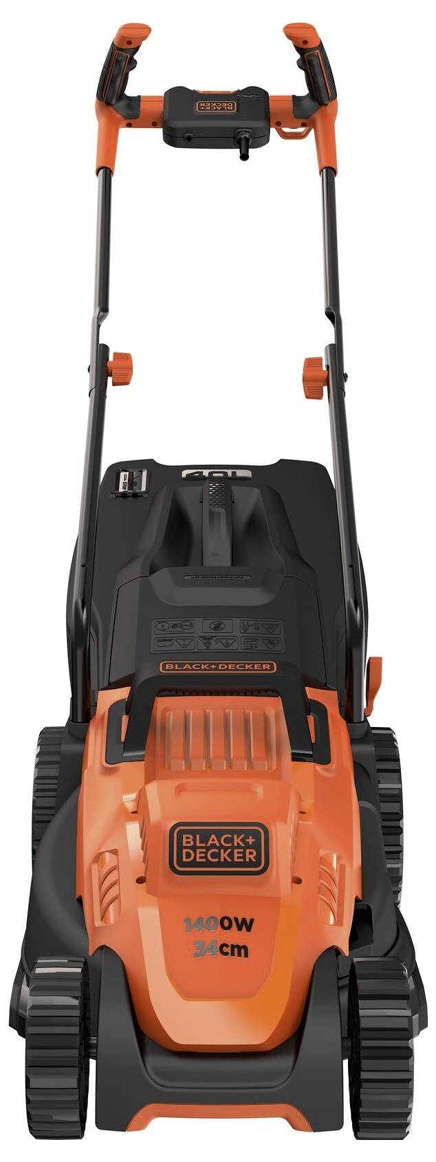Fekete és narancs színű fűnyíró elölnézetből. Márka: Black & Decker, Teljesítmény: 1600 W, Vágásszélesség: 34 cm.
