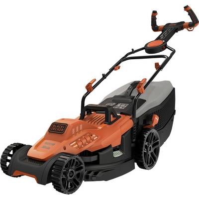 Egy narancs és fekete elektromos fűnyíró Black+Decker márkától, hátul gyűjtőkosárral.