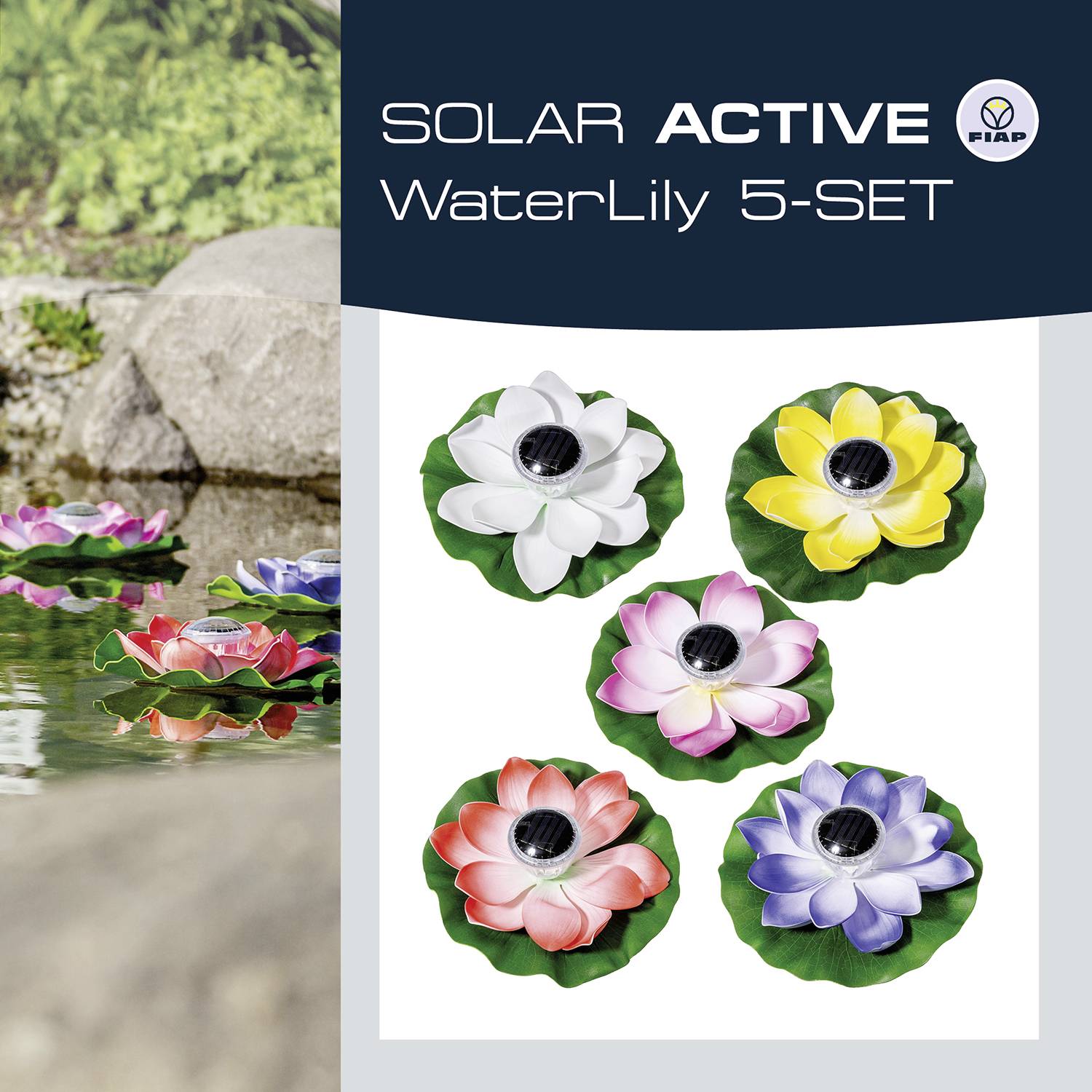 Öt színes, realisztikus, napsugárhajtotta műanyag úszó vízililiom úszik egy tóban, természetes környezetben.