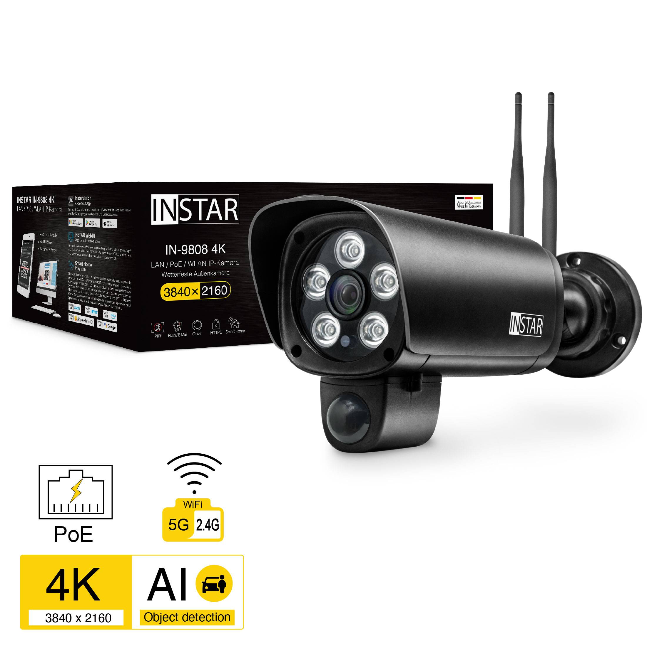 Egy fekete megfigyelő kamera WiFi- és PoE-képességgel, 4K-felbontással, beépített AI-val és 5G/2,4G-támogatással.