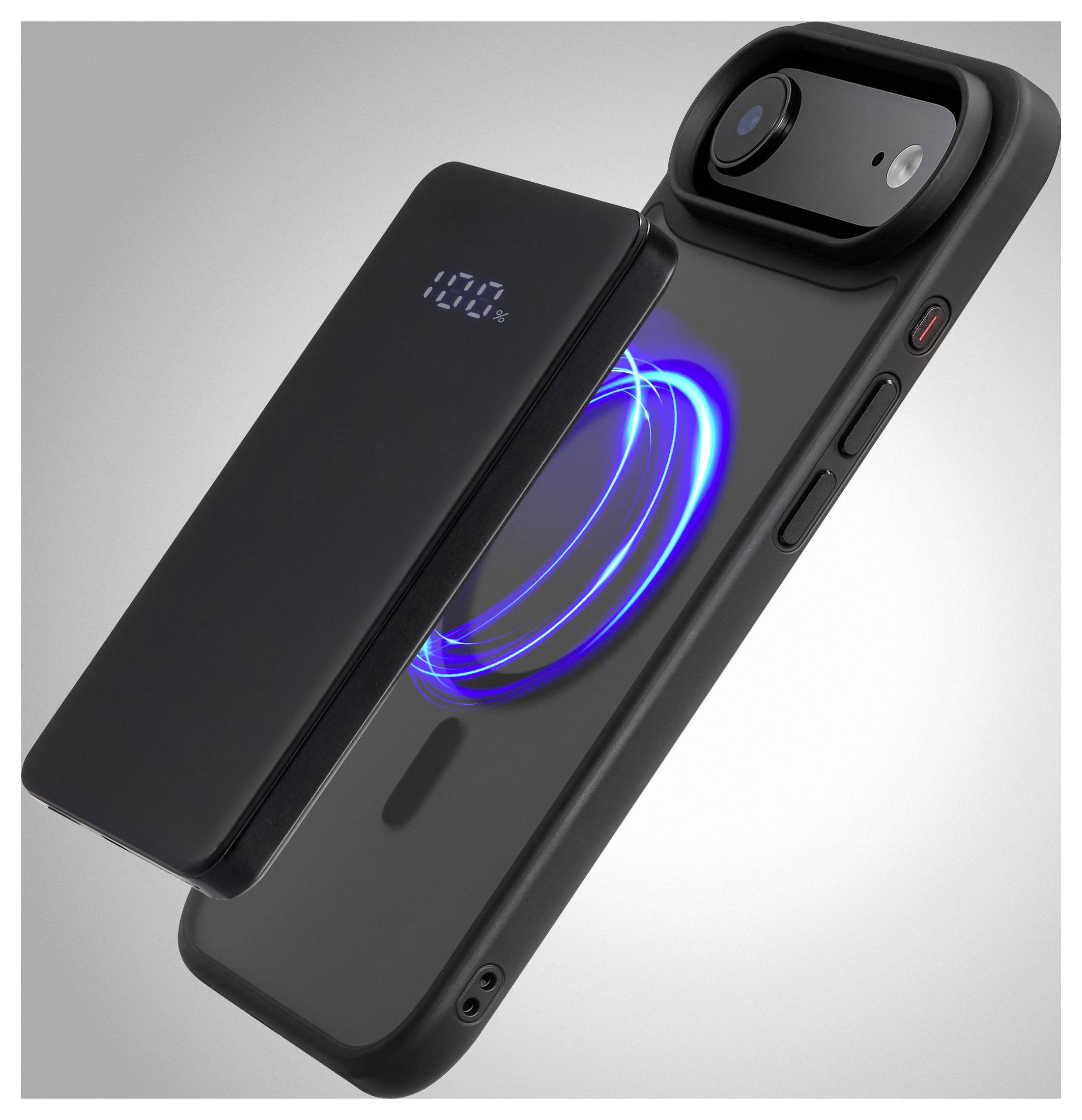 Egy okostelefon, amelyhez levehető powerbank tartozik; a telefon képernyőjén egy százalékérték látható, a powerbank pedig egy kék LED-fénnyel jelzi a töltést.