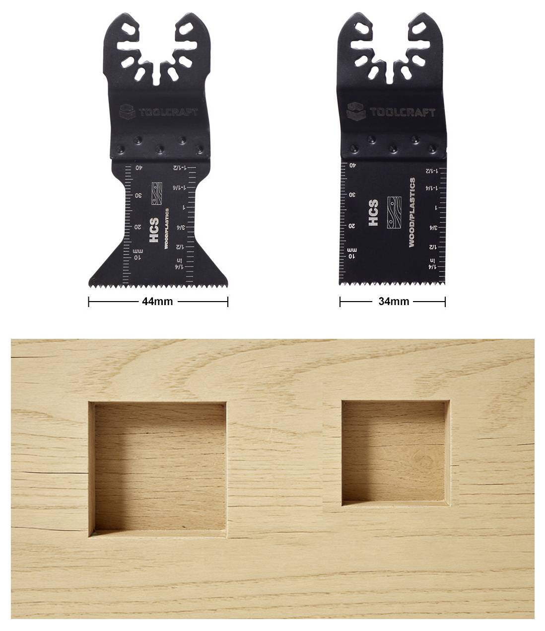 A Toolcraft rezgőfűrészlapok, egy 44 mm-es és egy 34 mm-es, precíz négyzet alakú kivágásokkal fából készült anyagon bemutatva.