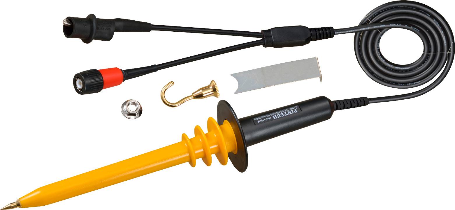 Mérőhegy kábelekkel és tartozékokkal, alkalmas elektromos vizsgálatokhoz. Tartalmaz horogfejeket és adaptert, sárga markolat a biztonságos fogásért.