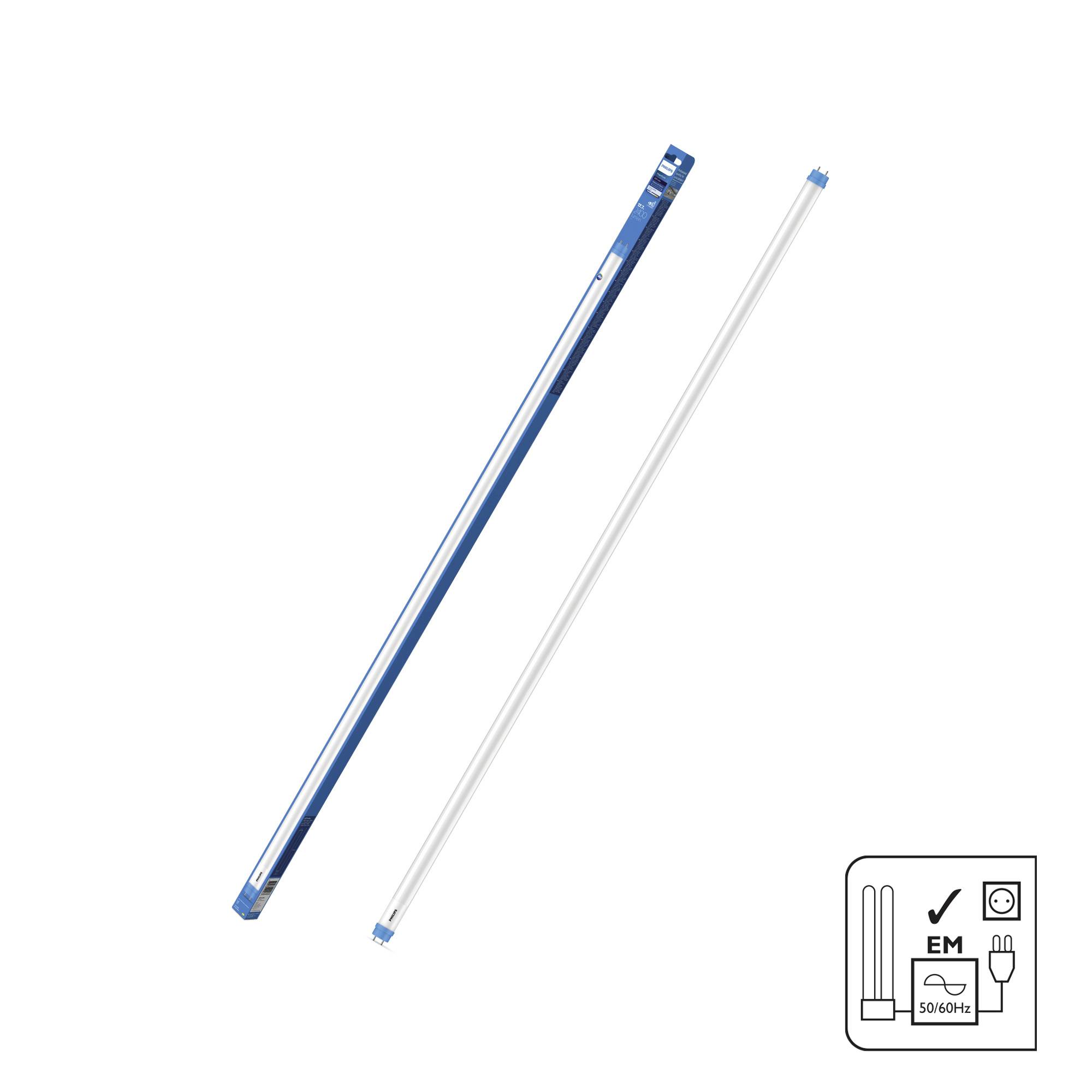 Két kék és fehér LED-cső egymás mellett. Lent jobbra egy 'EM' szimbólum és hálózati csatlakozó, 50/60 Hz.