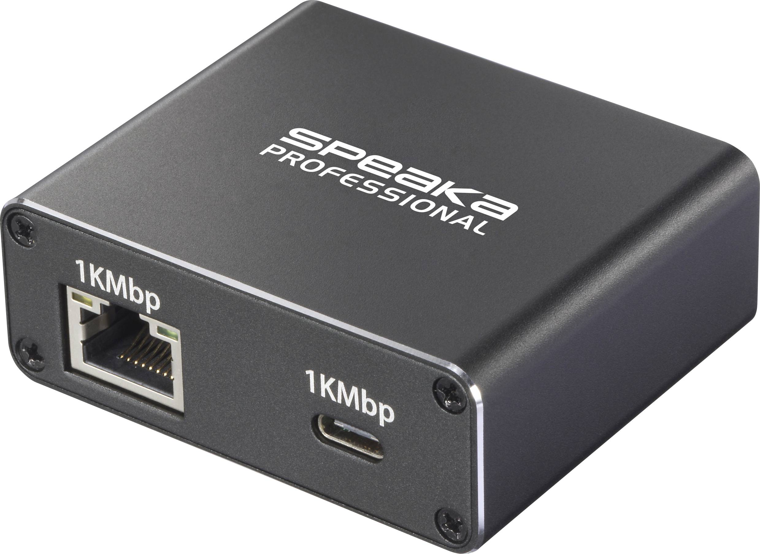 'Speaka Professional' hálózati adapter Ethernet és USB porttal, '1KMbp' felirattal.