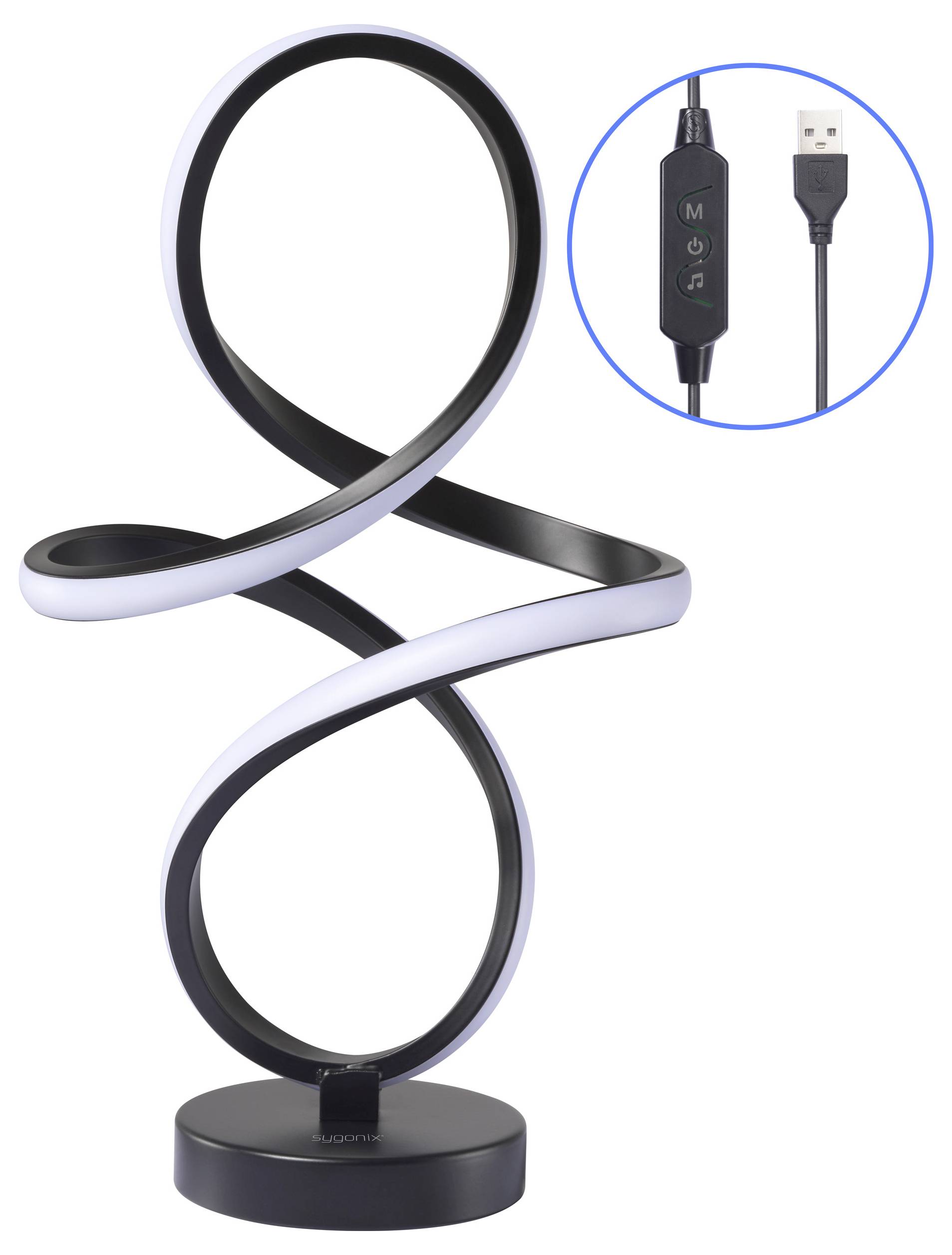 Egy modern spirál LED-lámpa USB-tápkábellel és fényerősség-szabályzó kapcsolóval.