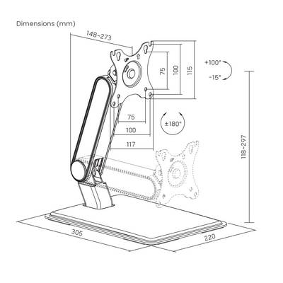 Egy állítható monitorkar méretrajza: magasság 118-297 mm, mélység 148-273 mm, alaplap 305x220 mm, forgás ±180°, billentés +15°-tól -15°-ig.