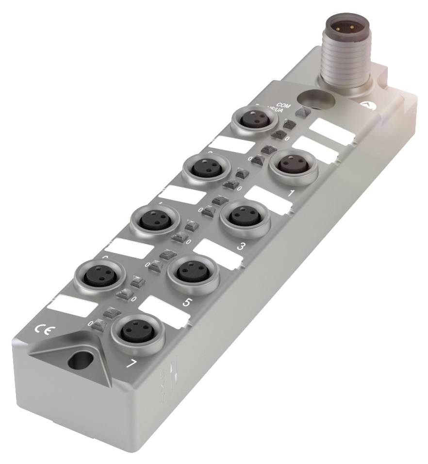 Ipari IO-Link modul nyolc porttal szenzor- és aktor csatlakoztatáshoz, áramellátási bemenettel ipari automatizálási rendszerekhez.
