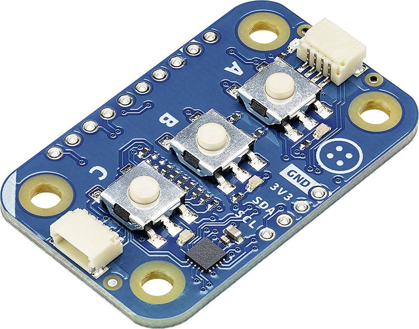 Kék elektronikus modul több csatlakozóval és alkatrészekkel, amelynek közepén három fehér kapcsoló található, 'A', 'B' és 'C' feliratokkal.