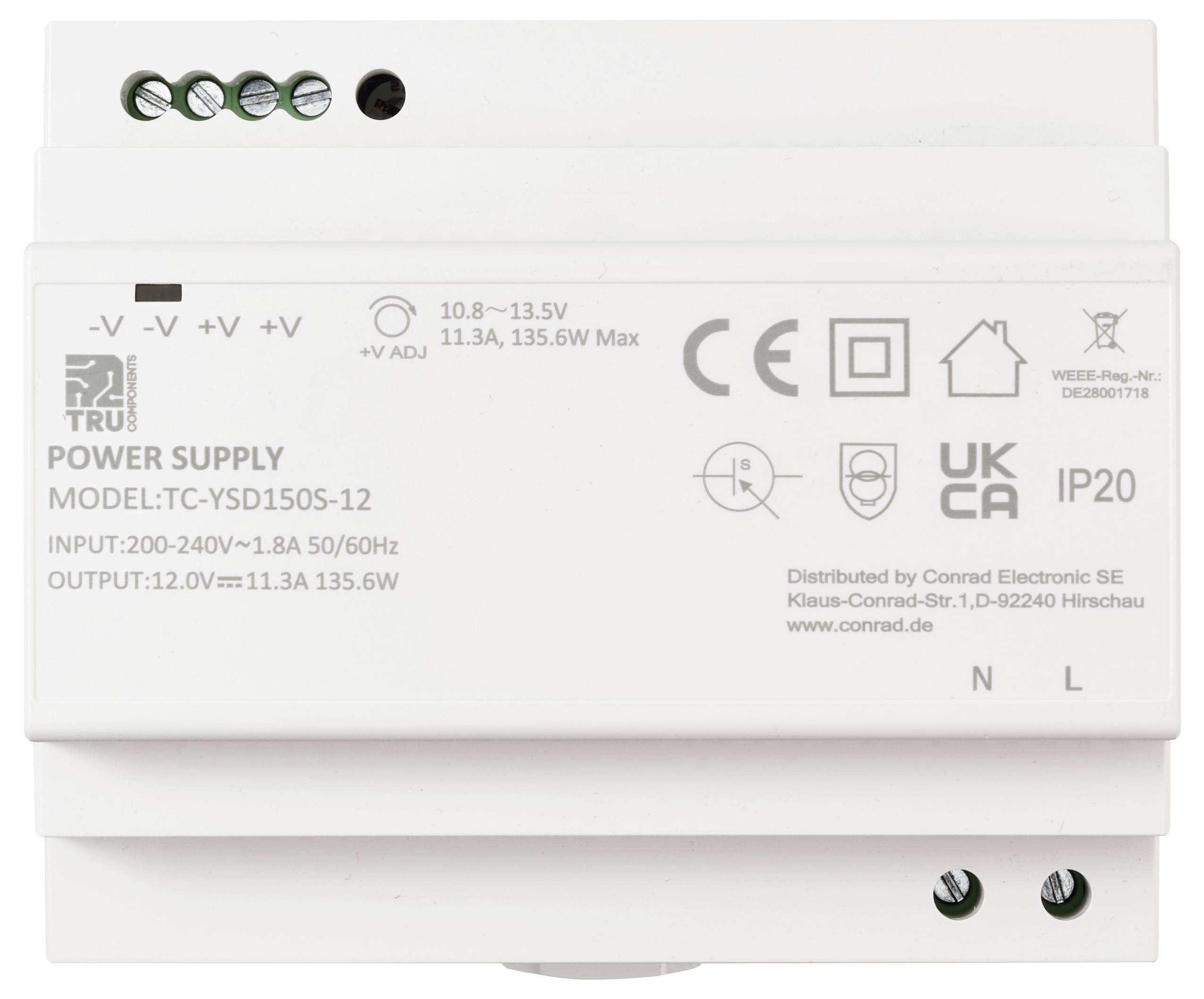 'TRU Components' tápegység, TC-YSD150S-12 típus. Bemenet: 200-240V. Kimenet: 12V, max. 11,3A. CE és UKCA tanúsítvánnyal rendelkezik.