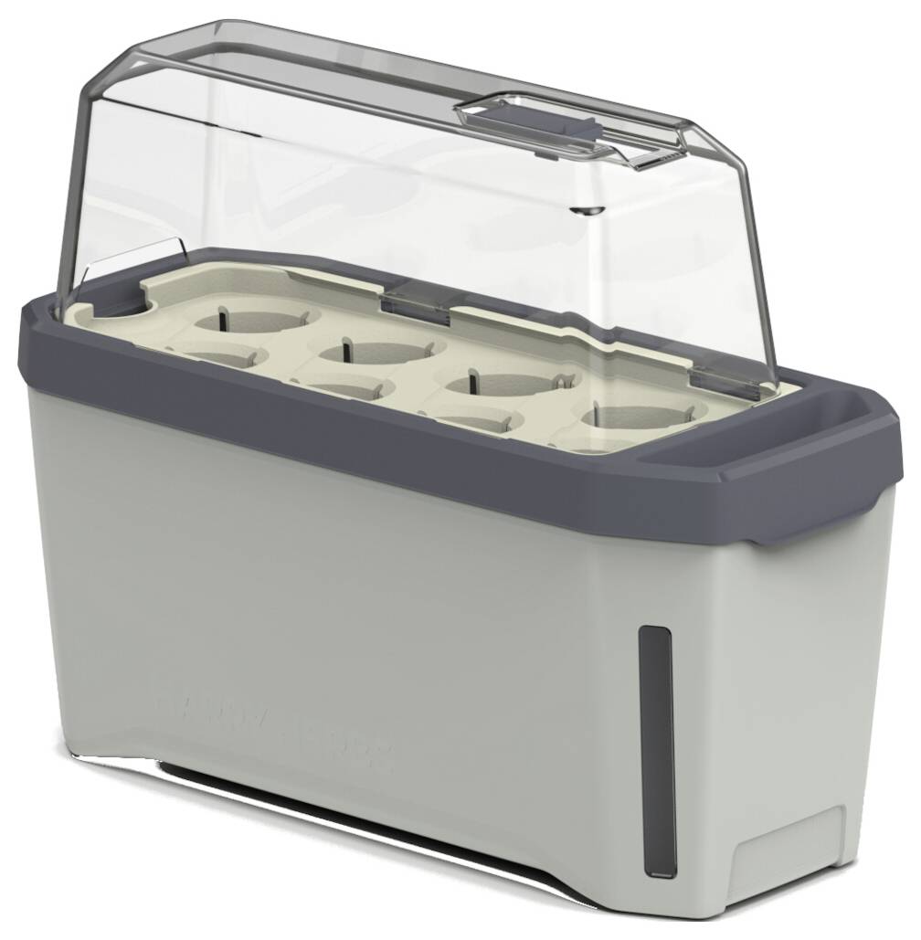 Kis üvegház átlátszó fedéllel és hat növénylyukkal, alkalmas palántaneveléshez és kis növényekhez.