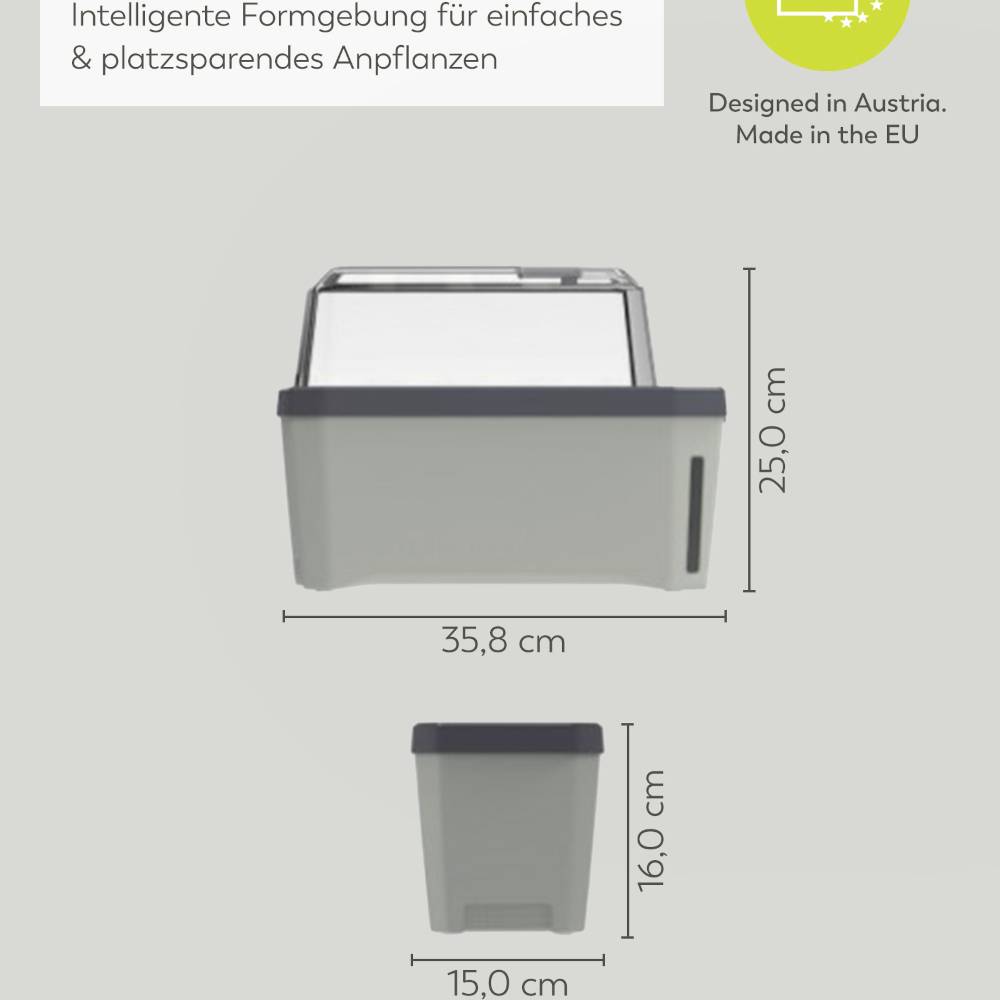 'Intelligens formatervezés az egyszerű és helytakarékos ültetéshez.' Egy ültetőedény méretek: 35,8 cm szélesség, 25 cm magasság és 16 cm mélység.
