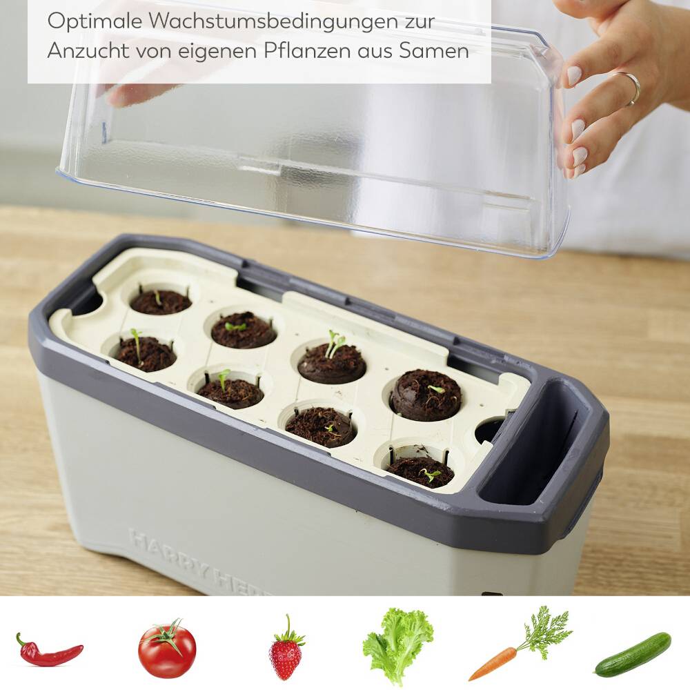 'Amikor a vízkészlet a végéhez közeledik, a HERBS BUDDY előre billen.' A kép egy fűszernövény cserepet mutat szemléltetésként.