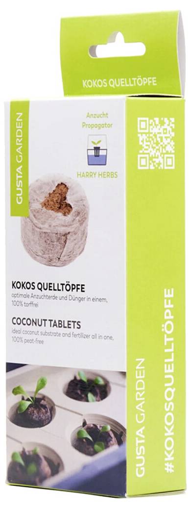 'Kokos Quelltöpfe' a Gusta Garden-től, zöld csomagolásban növények képével. A kókusztabletták 100%-ban tőzegmentesek és palántanevelésre alkalmasak.