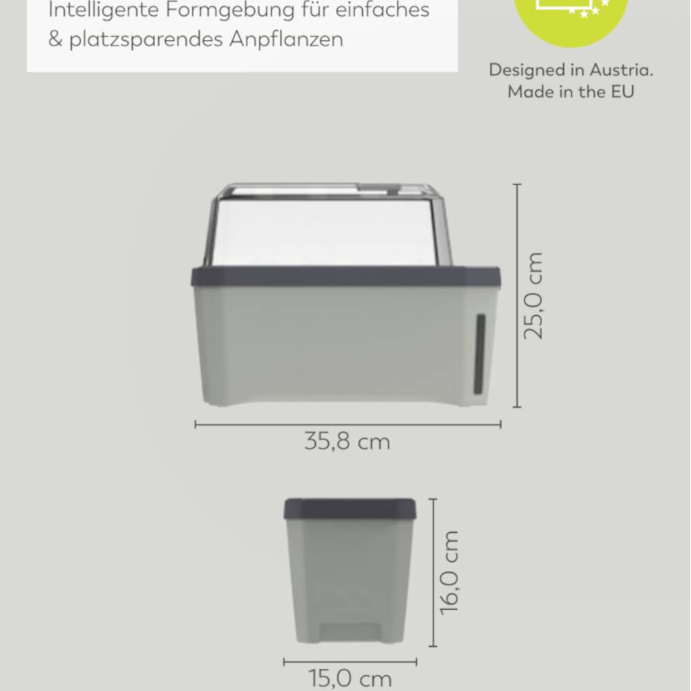 'Intelligens környezet az egyszerű és helytakarékos ültetéshez'. Átlátszó fedeles ültetőláda, méretek: 35,8 x 15,0 x 25,0 cm. Készült Ausztriában.