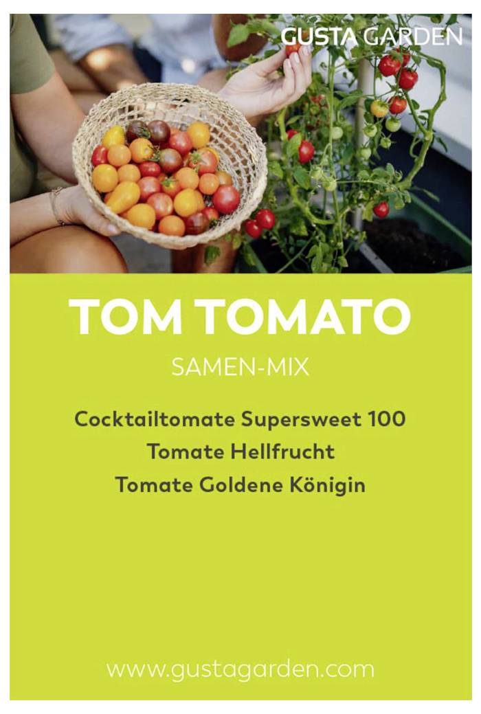 'TOM PARADICSOM MAGKEVERÉK' nagybetuvel, három paradicsomfajtával: Cocktail paradicsom Supersweet 100, Paradicsom Hellfrucht, Paradicsom Arany Királynő, előtte egy tál színes paradicsomokkal.