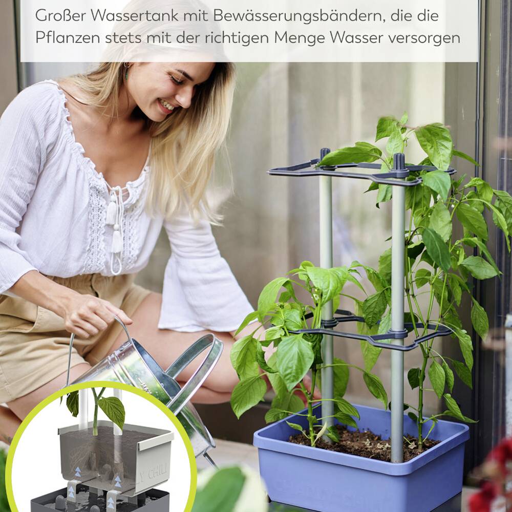 Nő növényeket öntöz egy beltéri víztartályban. A szöveg hatékony öntözéstechnológiát ír le, amely optimálisan látja el a növényeket.