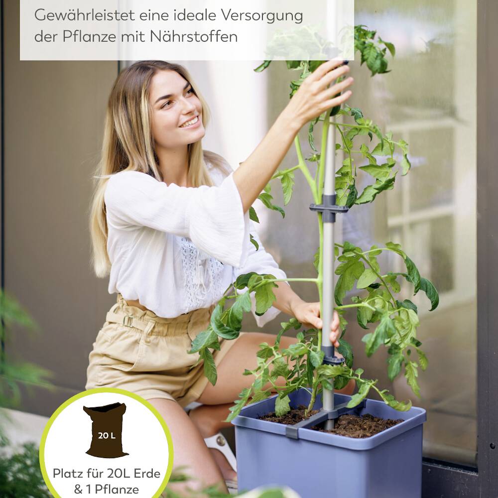 Nő locsol egy paradicsompalántát egy növénykádban a teraszon. Szöveg: 'Biztosítja a növény ideális tápanyag-ellátását.'