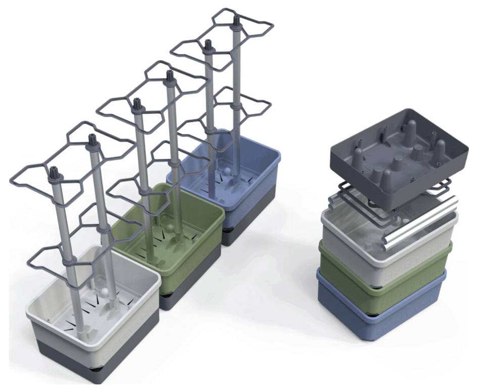 Egy halom öt színes négyzetes tartályból, mellette további négy ezüst rudakkal, amelyek bajonett zárral rendelkeznek.