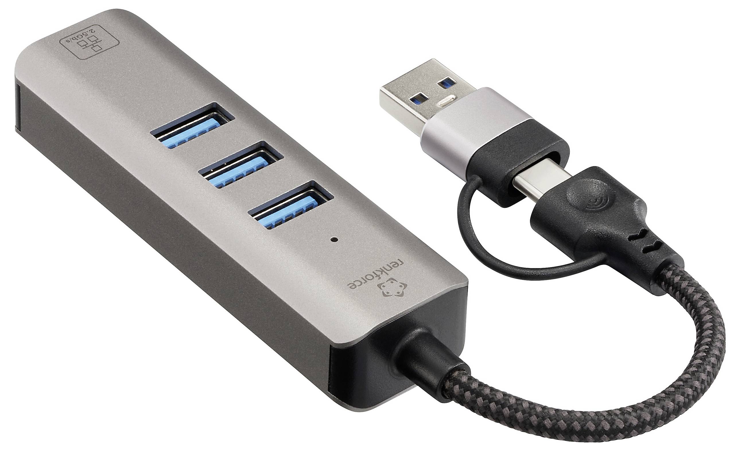 Egy fém USB elosztó három USB 3.0 porttal egy fonott kábellel van csatlakoztatva, amely USB csatlakozóban végződik.