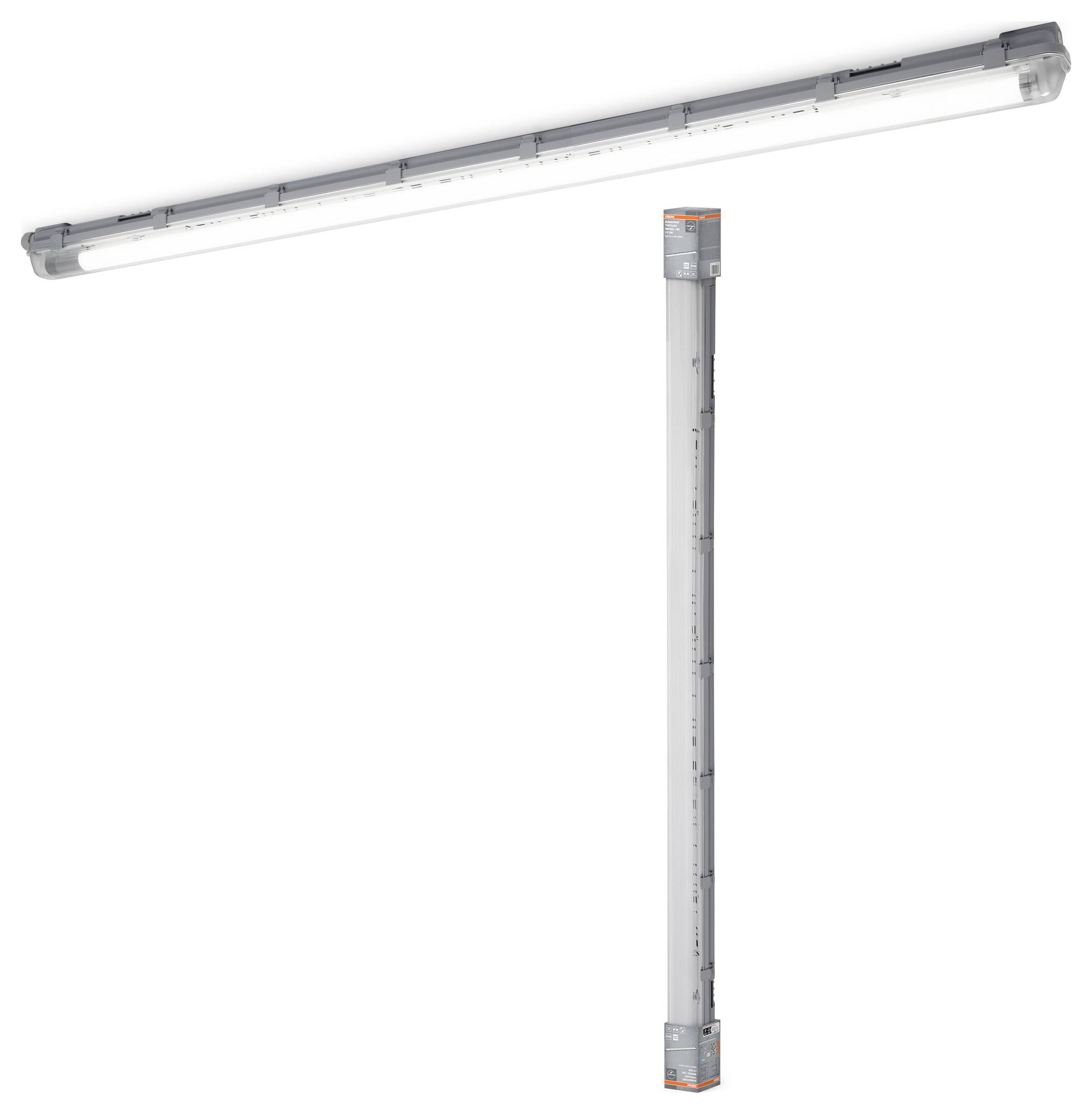 Lineáris LED-lámpa téglalap alakú házban, alkalmas mennyezeti szerelésre ipari vagy kereskedelmi környezetben.