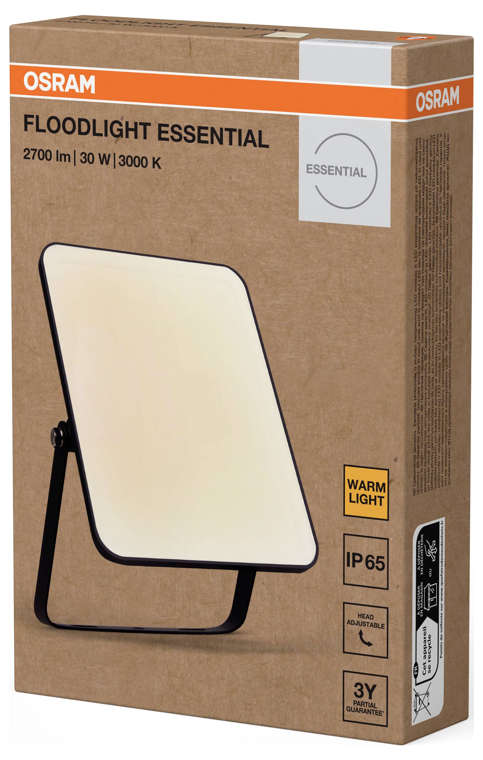 OSRAM árvízfény lámpa 'Floodlight Essential' csomagolása, 2700 lm, 30 W, 3000 K, IP65, kültéri használatra alkalmas.