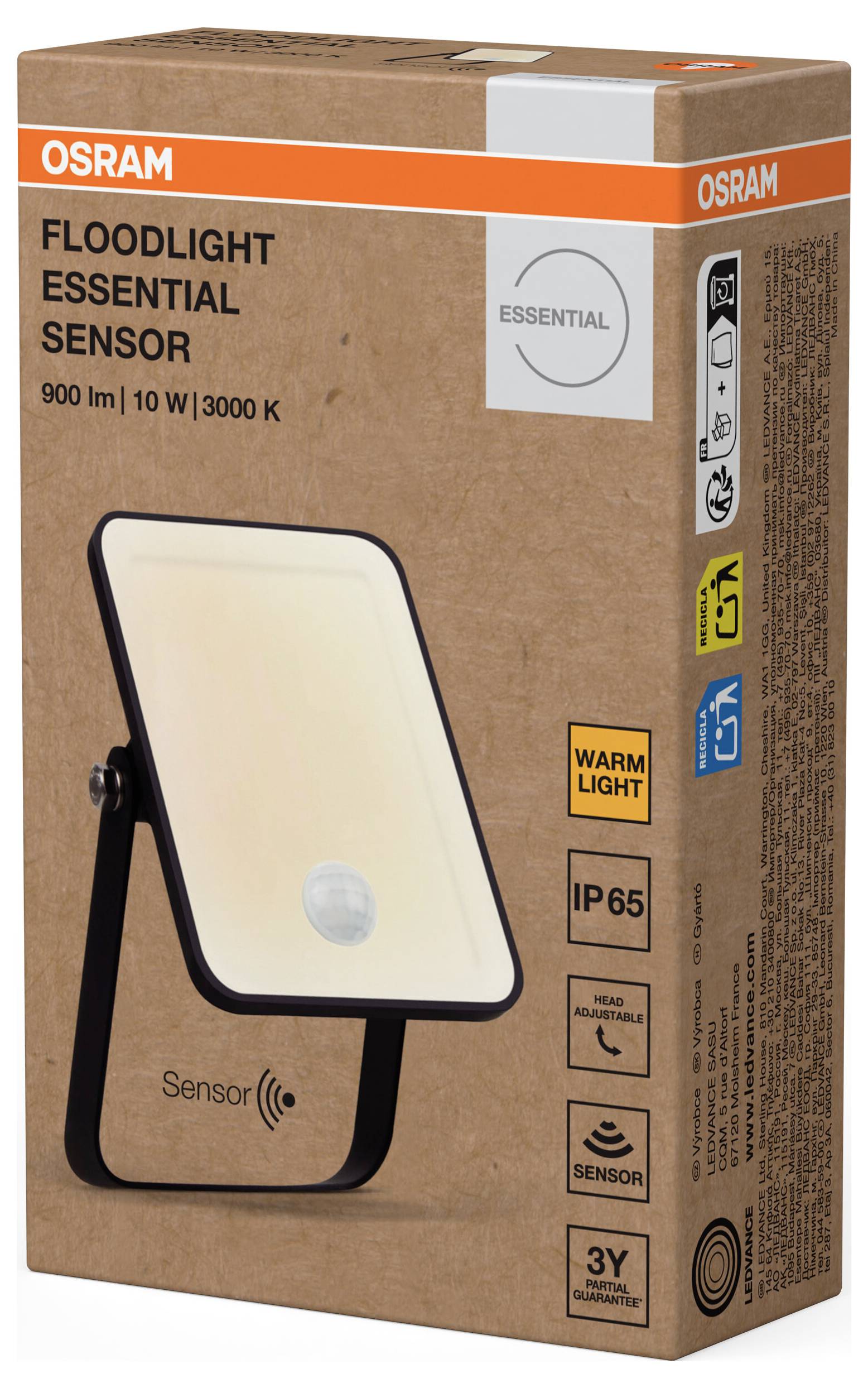 'OSRAM Floodlight Essential Sensor' csomagolás LED-világítótestet mutat 900 lumen, 10 W, 3000 K, IP65 értékekkel. Tartalom: szenzor, meleg fényszín.