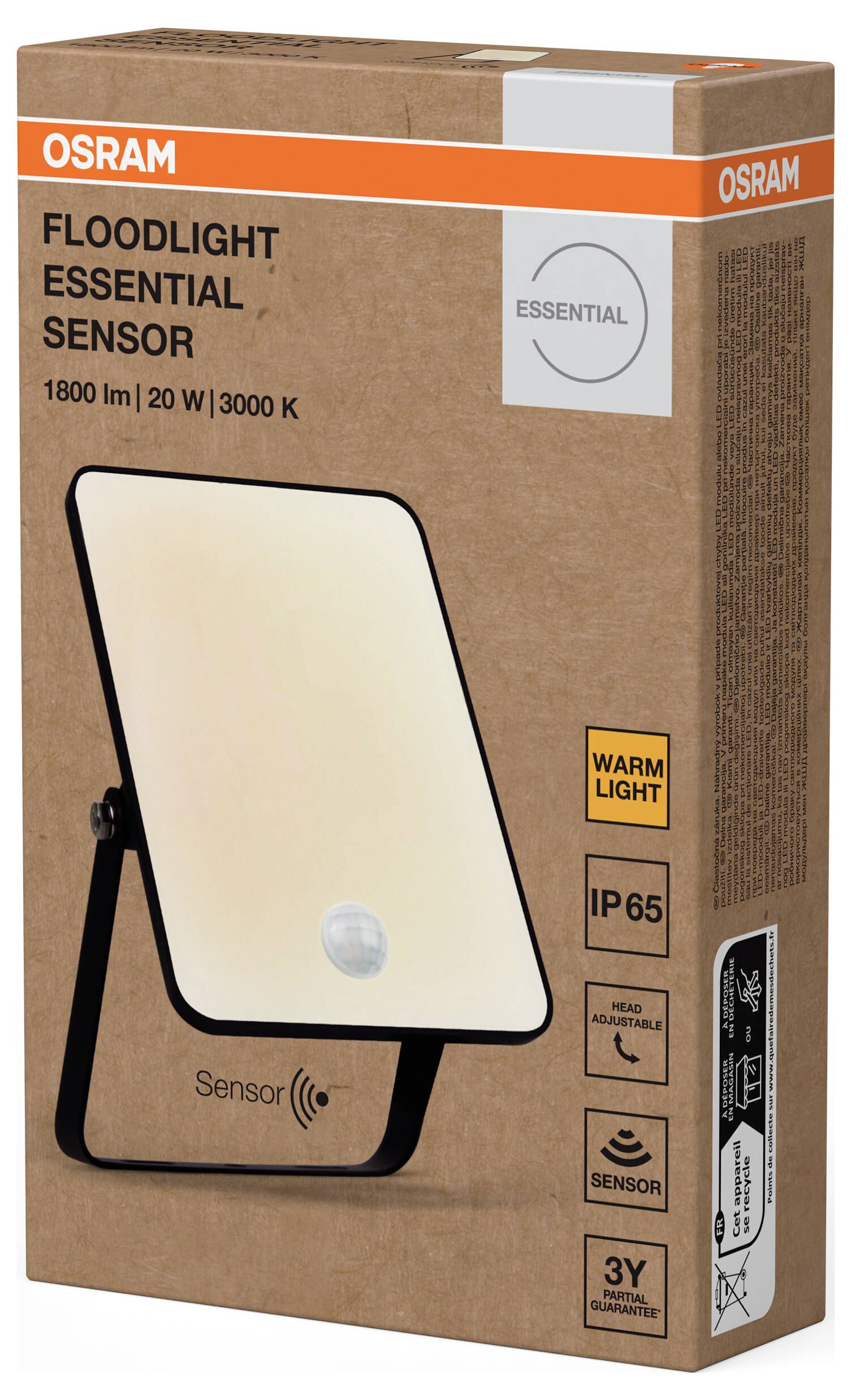 'Flutlicht Essential Sensor' Osram-tól, 1800 lm, 20 W, 3000 K, IP65, melegfehér. Három év garancia, magasságban állítható mozgásérzékelővel. A csomagolás dizájnja a lámpatestet és a specifikációkat mutatja.