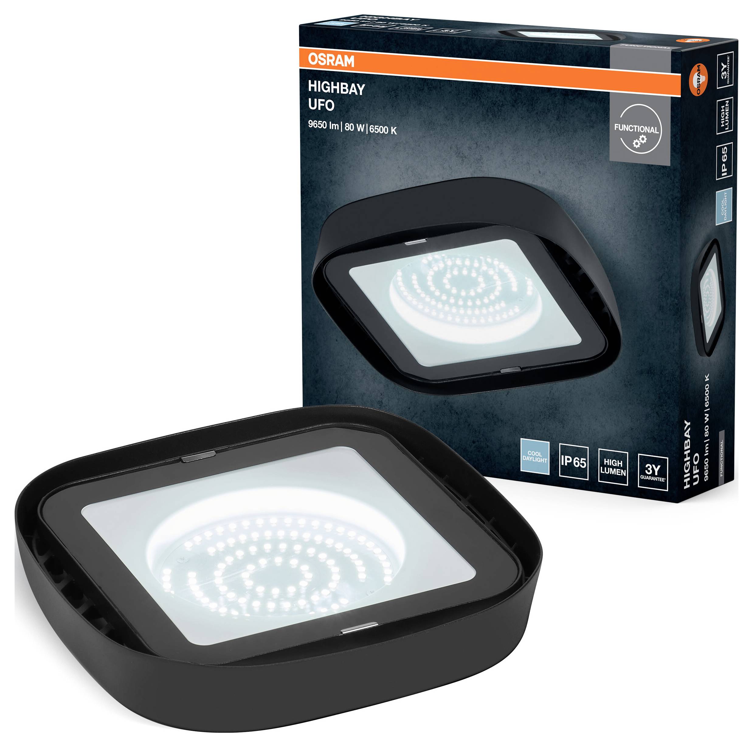 LED-lámpa Osram Highbay UFO csomagolással. A lámpa gyűrű alakú LED-elrendezést mutat. 9600 lumen, 80 watt, 6500 kelvin. IP65-tanúsítvánnyal.