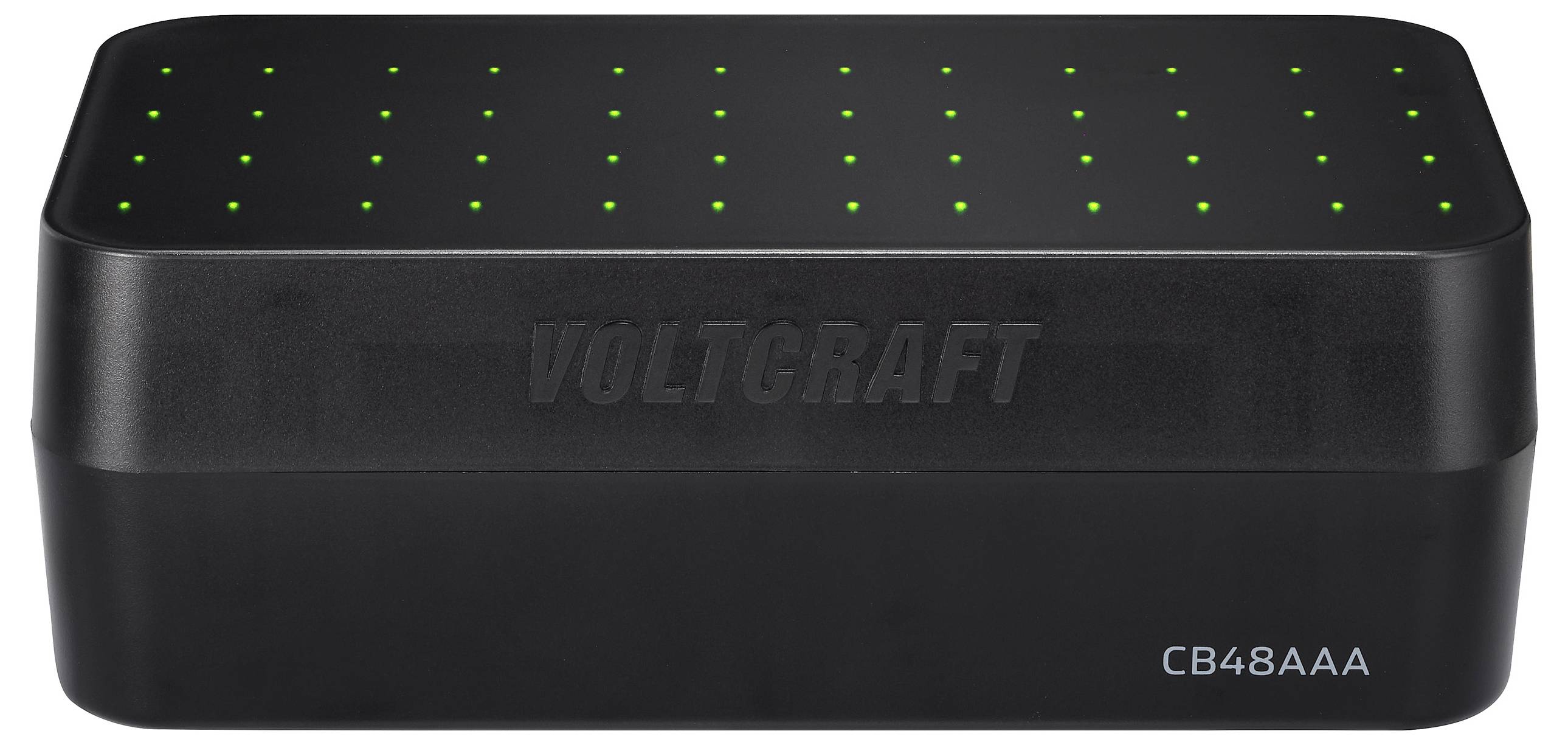 Egy téglalap alakú fekete eszköz, amelyen 'Voltcraft CB48AAA' felirat szerepel, kis zöld jelzőfények vannak a felületén, valószínűleg egy akkumulátortöltő.