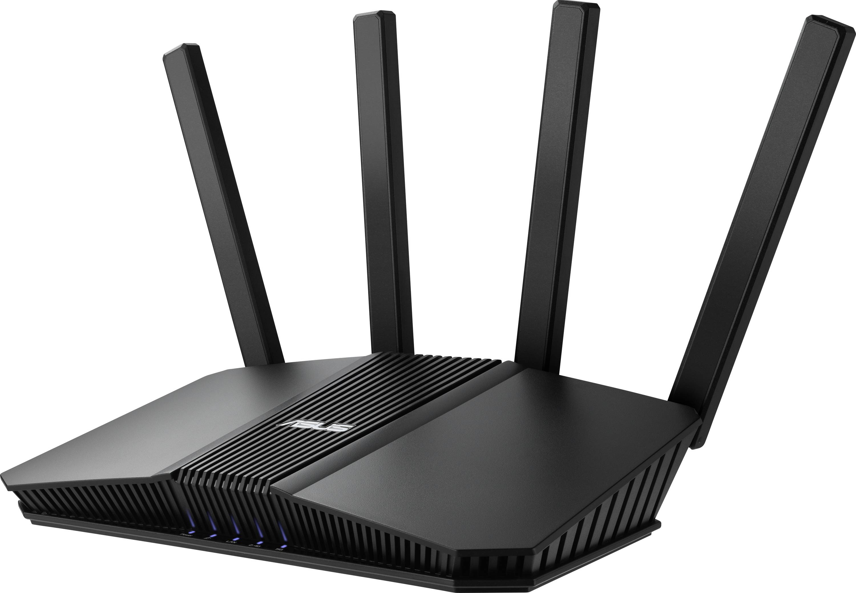 Egy fekete, négy antenna segítségével vertikálisan elhelyezett vezeték nélküli router, amely javított internetkapcsolat és hálózati lefedettség érdekében került kialakításra.