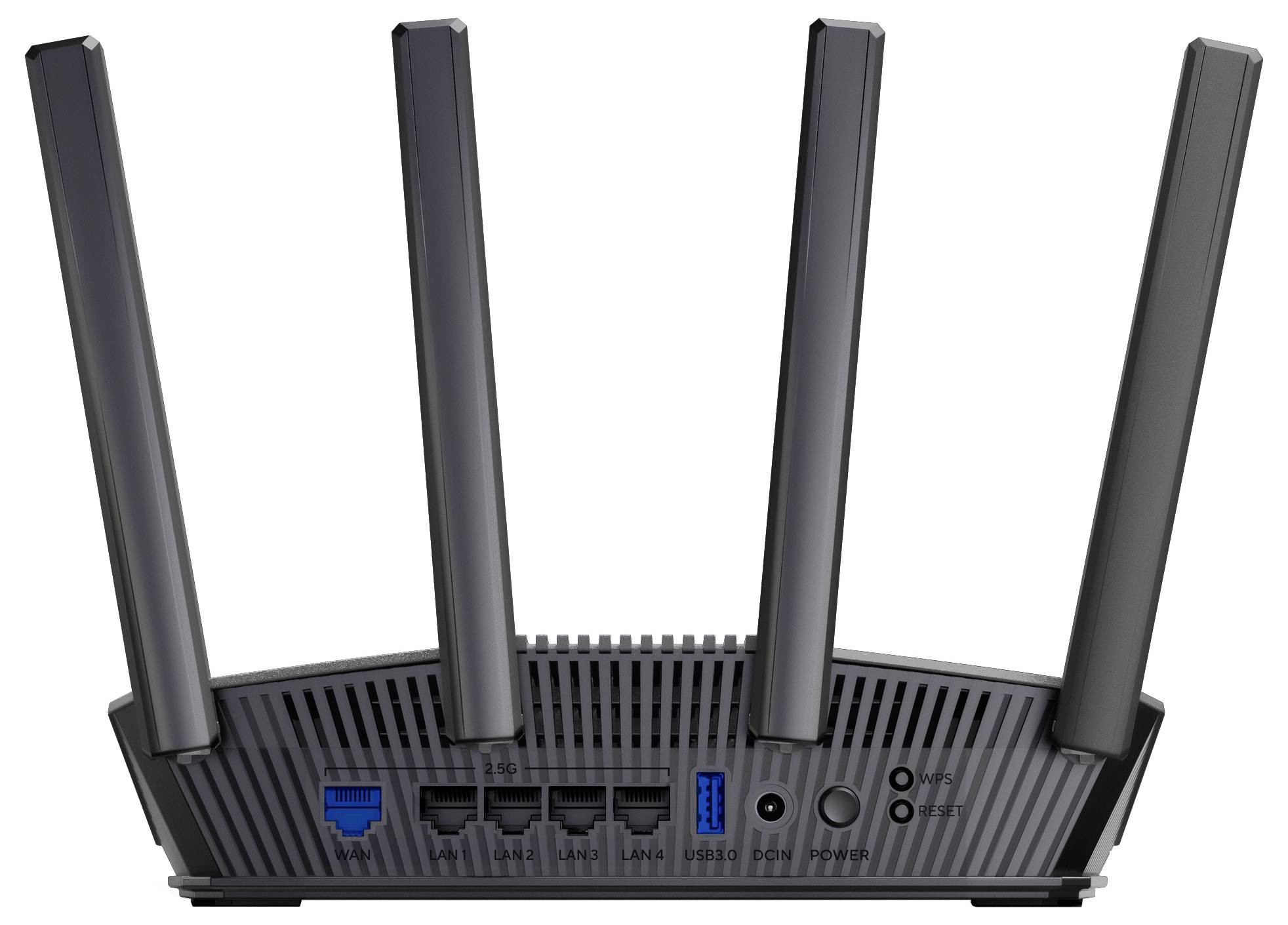 Egy fekete Wi-Fi router négy antennával, hátulnézetben az Ethernet portokkal, bekapcsológombbal és USB-porttal.