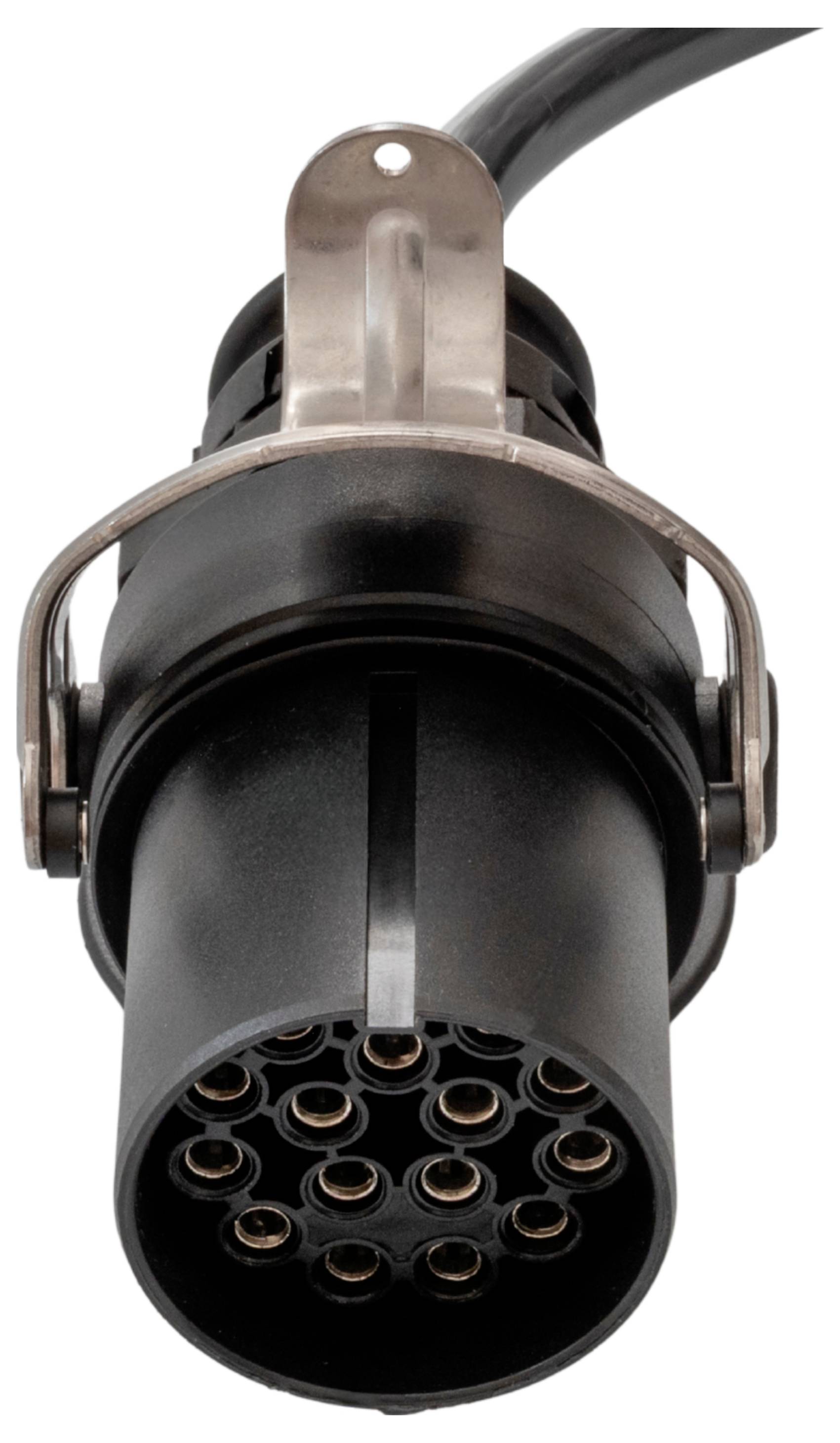 Egy közeli felvétel egy 15 érintkezős, körkörös elektromos csatlakozóról, fekete házzal és fémkapoccsal, amelyet jellemzően autóipari alkalmazásokban használnak.