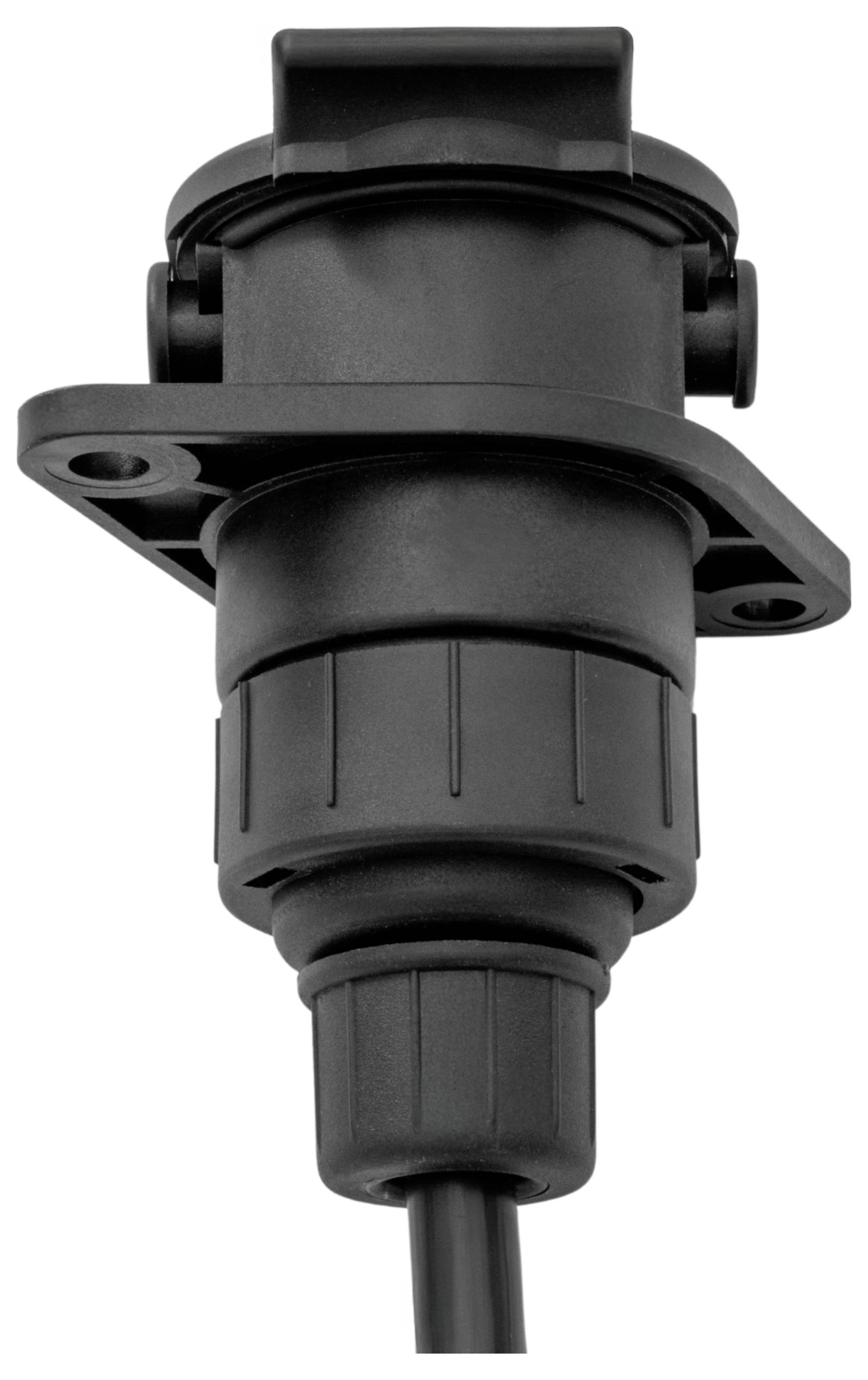 Egy fekete elektromos csatlakozó közeli felvétele, rögzítőfuratokkal és kábellel, amelyet biztonságos rögzítésre és elektromos kapcsolódásra terveztek.