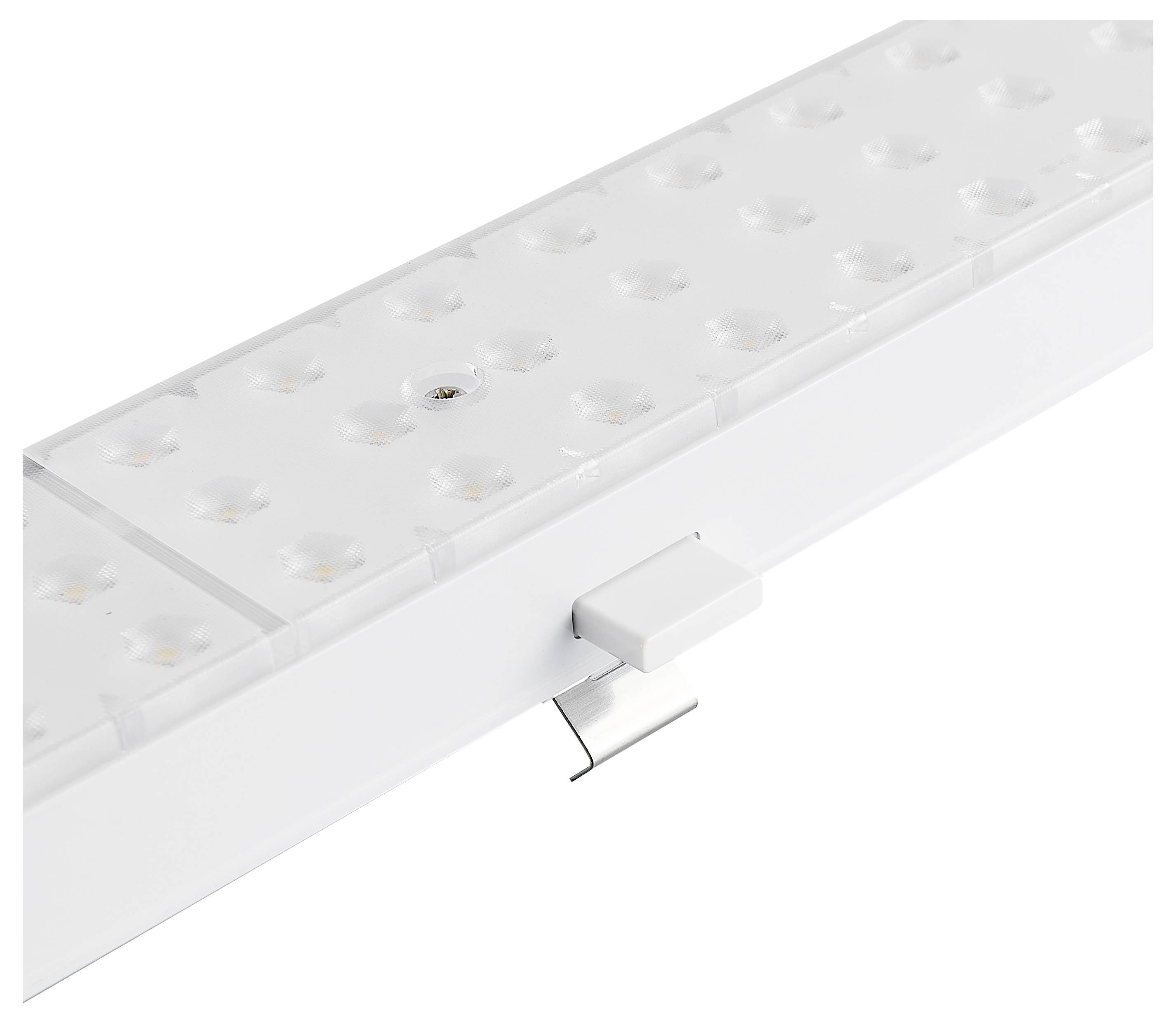 LED-es fénycsík több kerek világítótesttel fehér házban, oldalt fém tartókonzol nyúlik ki.