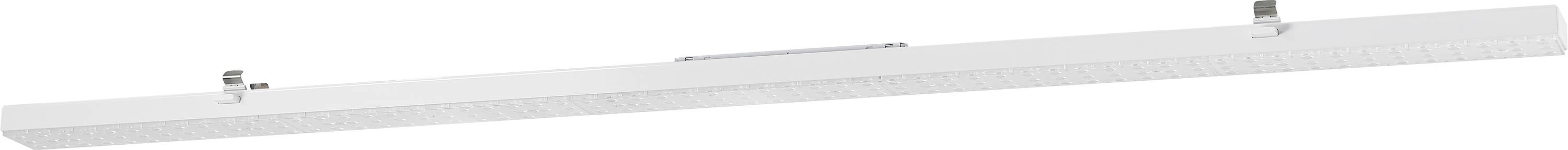 Hosszúkás fehér lámpa minimalista dizájnnal, modern belső terek mennyezeti szerelésére alkalmas.
