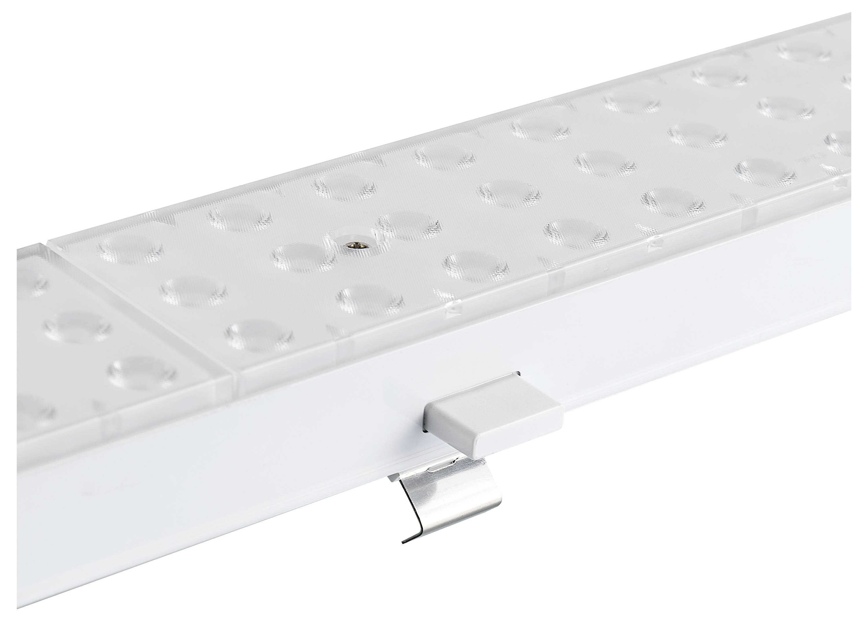 Egy fehér LED-panel négyzet alakú fénypontokkal és egy fém csipesszel az oldalán, amely alkalmas felületre való rögzítésre.