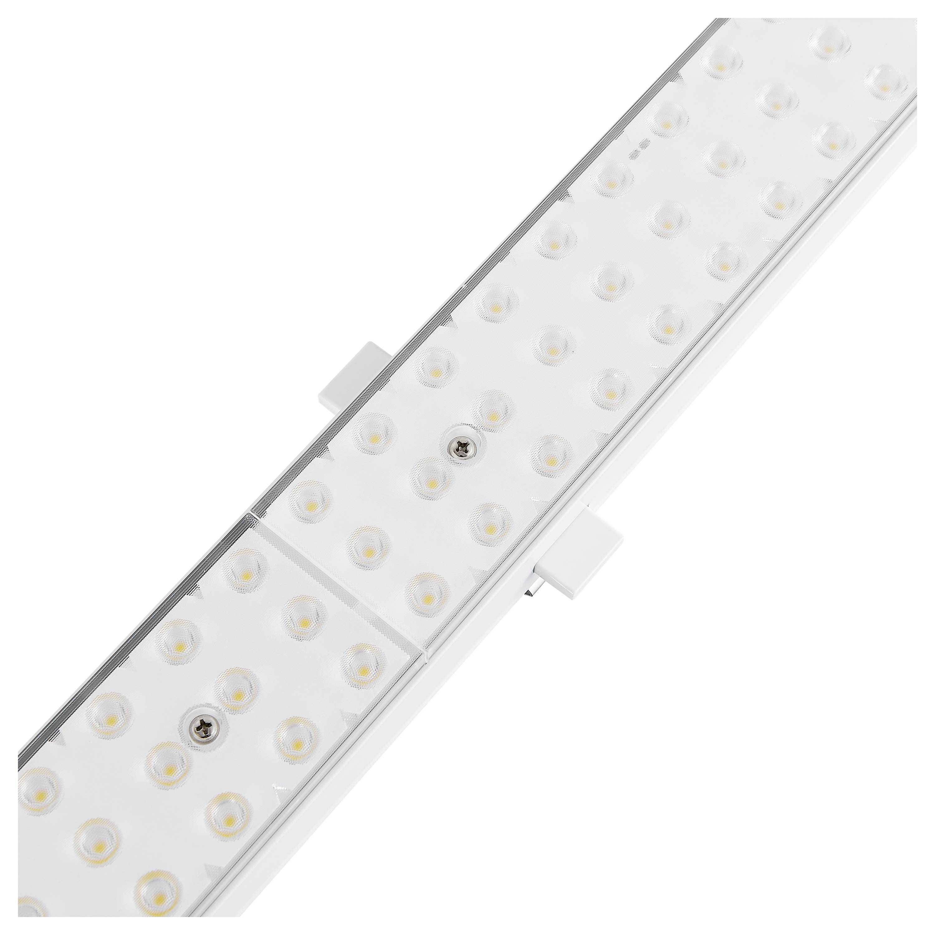 Egy fehér LED-fénycsík több kis, kerek LED-lámpával sorokban elrendezve, fehér háttéren.