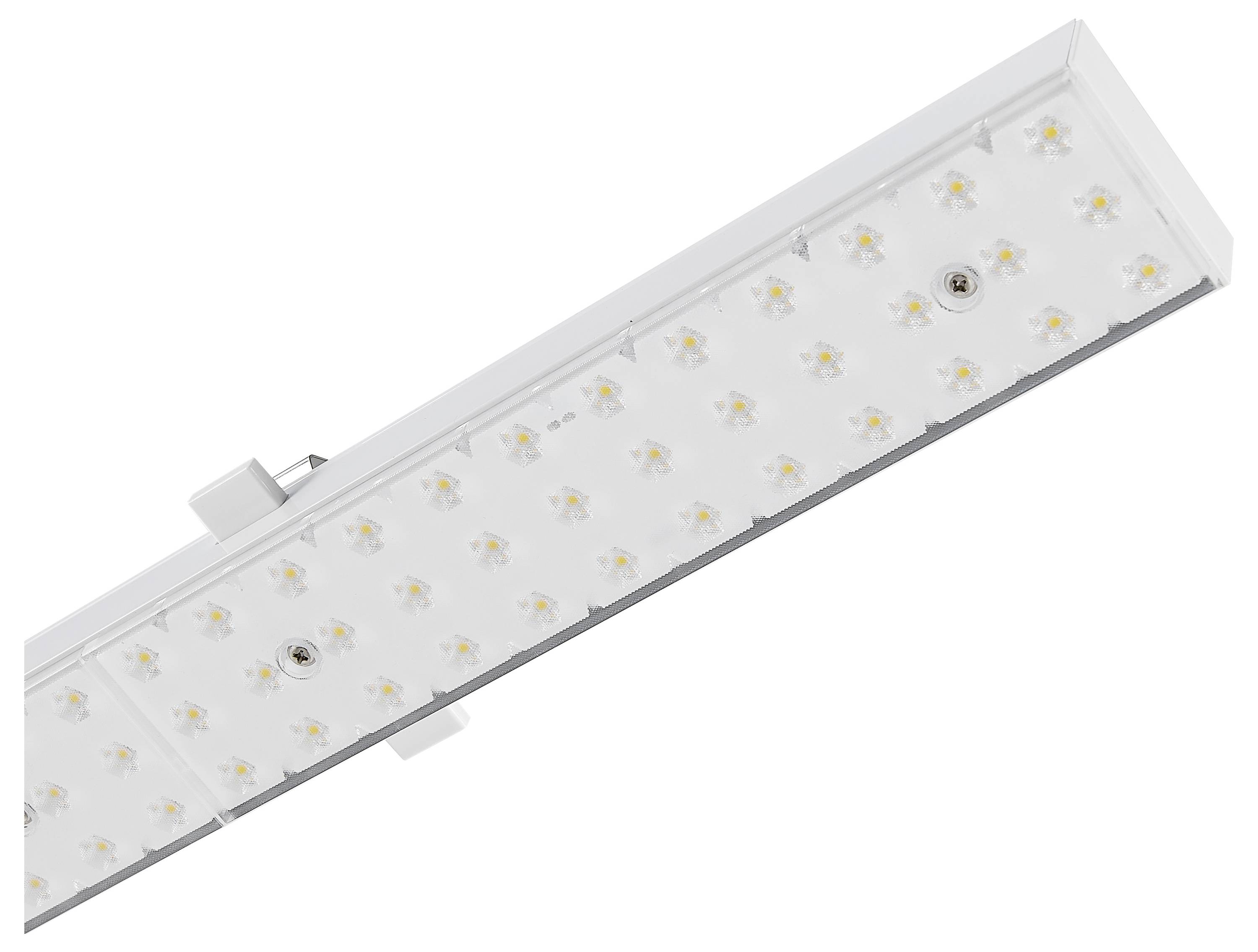 Fehér LED-es lámpa téglalap alakú formával, sok kis LED-del és felső részén tartóval.