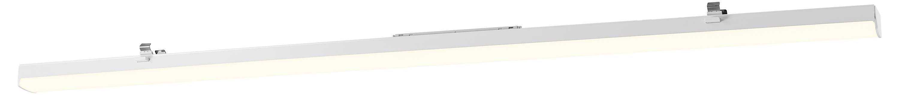 Fehér LED-es lámpatest minimalista dizájnnal, vízszintesen elhelyezett, modern belső terek mennyezeti szerelésére alkalmas.