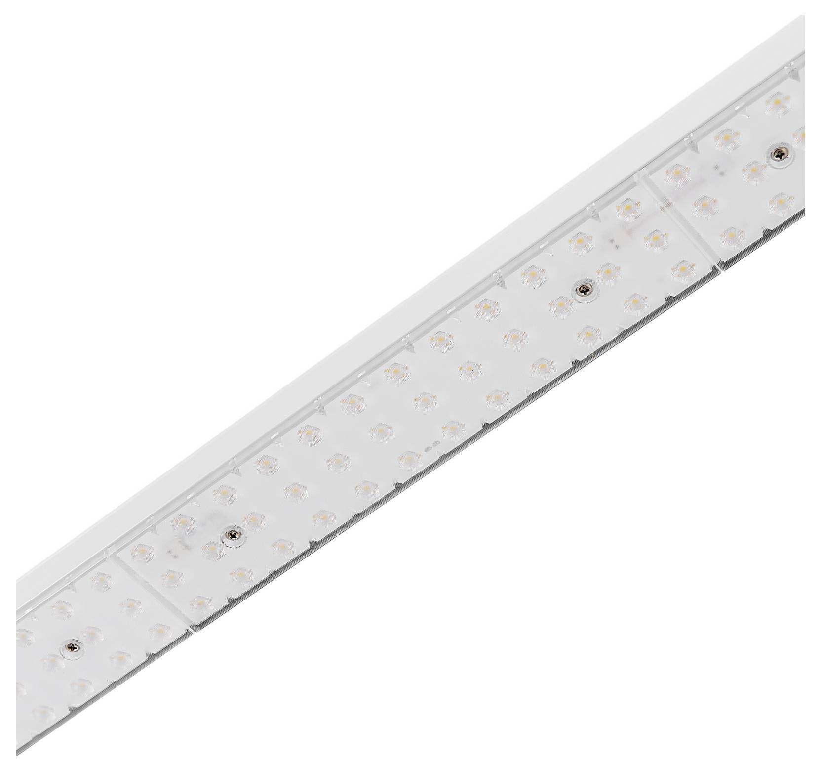 Hosszú, téglalap alakú LED-fénysáv több LED-modullal, átlósan látható fehér háttéren.