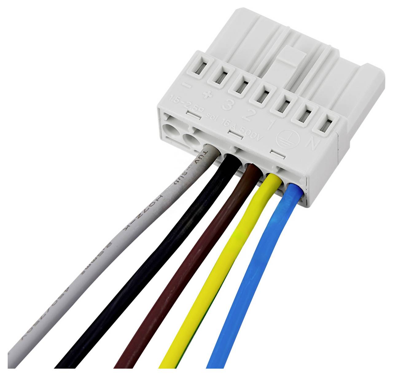 Fehér elektromos vezetékcsatlakozó sorkapocs öt színkódolt vezetékkel, fehér háttér előtt.