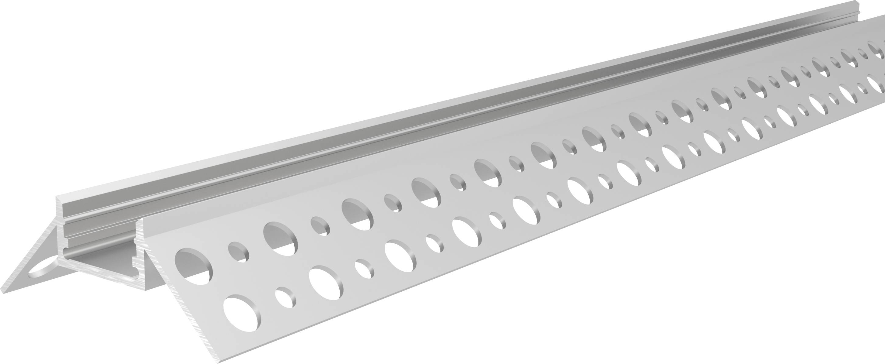 Egy fehér PVC csatlakozóprofil kerek lyukakkal, amely két felület közötti átmenet kialakítására szolgál.