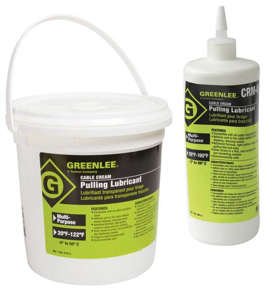 Greenlee kábel kenőanyagok vödörben és palackban, "Húzó kenőanyag, többcélú" felirattal. Alkalmazható -5°F és 122°F (-15°C és 50°C) közötti hőmérsékleten.