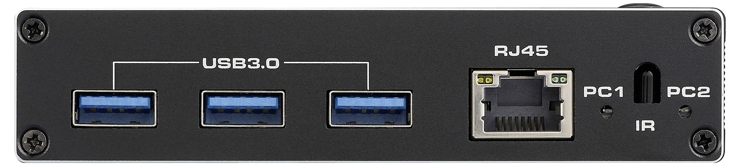 Egy fekete panel, amelyen három USB 3.0 port, egy RJ45 port található, amelyek „PC1", „PC2" és „IR" felirattal vannak ellátva, valószínűleg egy számítógép vagy hálózati eszköz része.