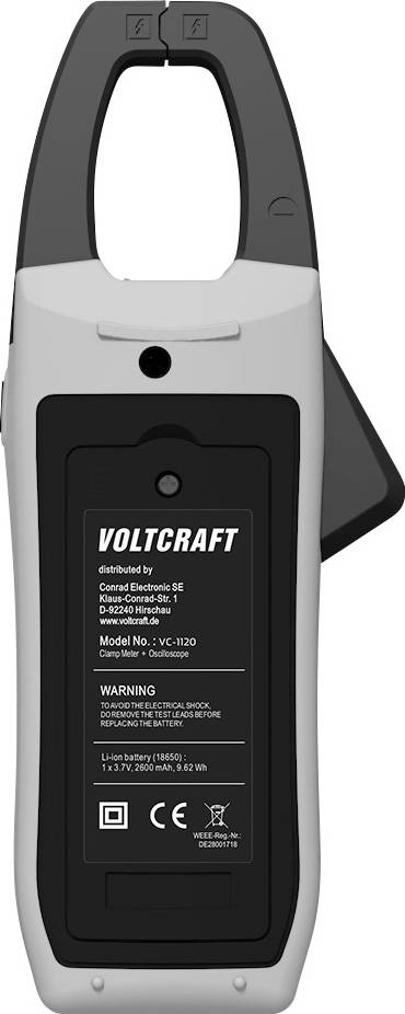 A Voltcraft típusú VC-330 modellszámú lakatfogó hátsó nézete, amelyen biztonsági figyelmeztetés látható a csak megadott határokon belüli mérésre vonatkozóan.