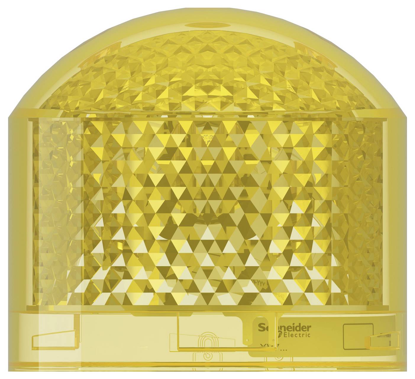 Sárga Schneider Electric figyelmeztető jelzőlámpa fazettázott kupolával és talppal, elölnézetből fehér háttéren megjelenítve.